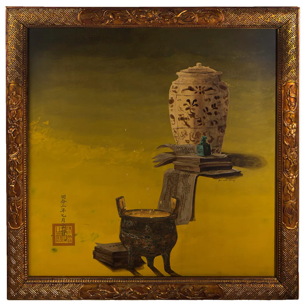 Bùi Hữu Hùng, STILL LIFE WITH ANCESTRAL VESSELS, 1996. Sơn mài on wood panel with gold leaf and crushed eggshell.