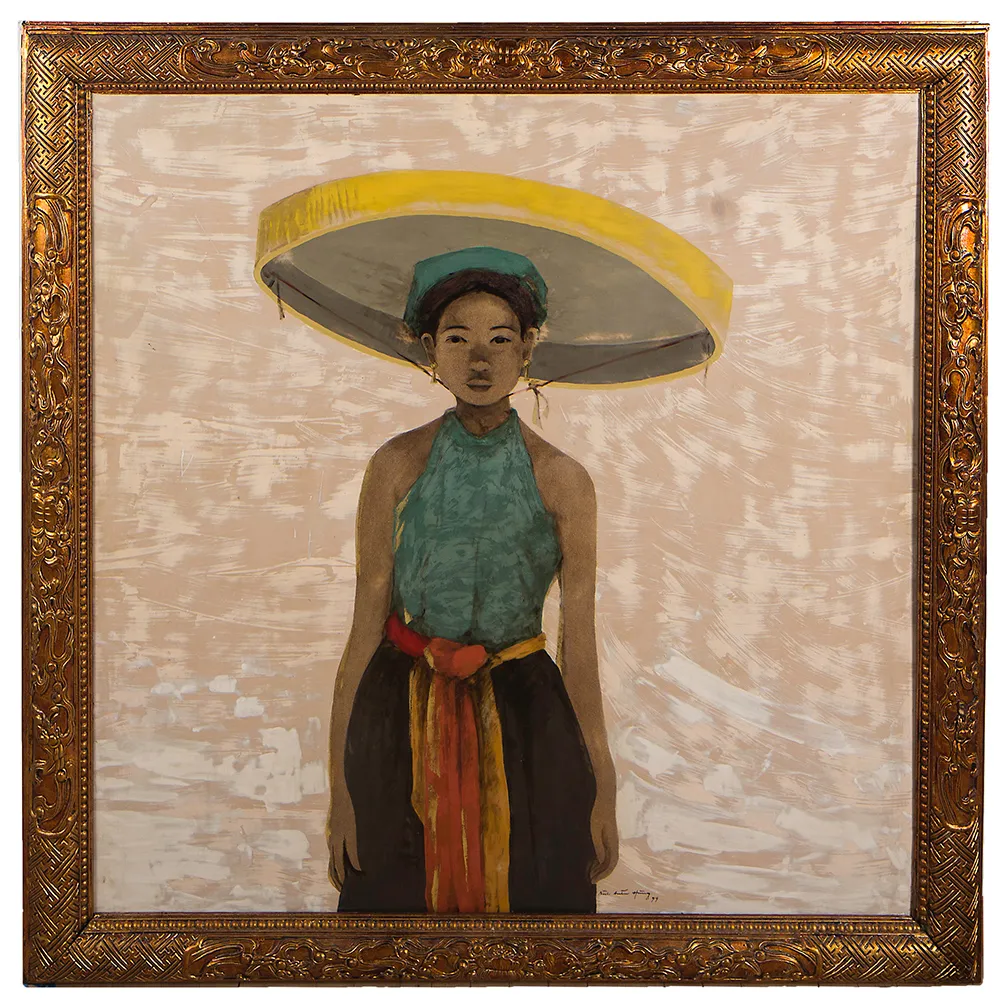 Bùi Hữu Hùng, YOUNG WOMAN WITH CONICAL HAT, 1995. Sơn mài on wood panel with gold leaf and crushed eggshell.