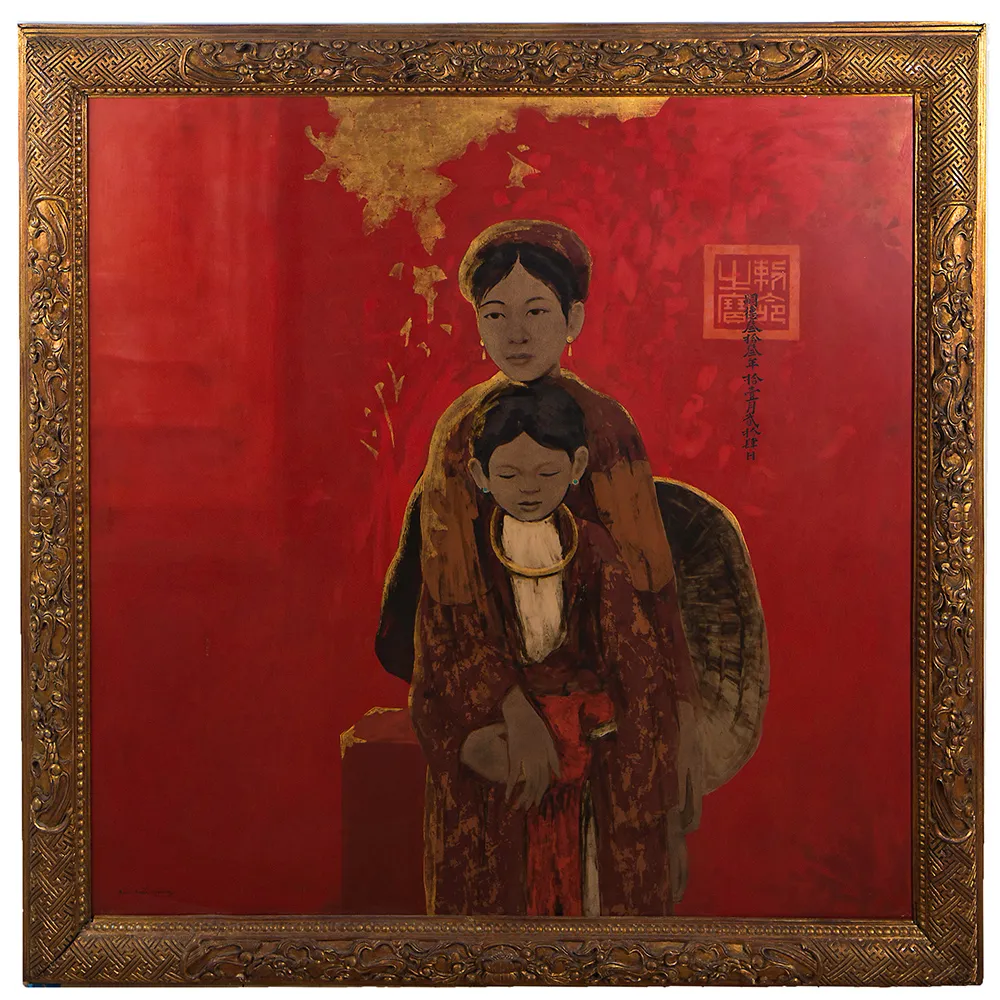 Bùi Hữu Hùng, MOTHER AND CHILD ON RED GROUND, 2000. Sơn mài on wood panel with gold leaf and crushed eggshell.