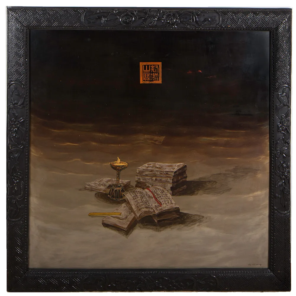 Bùi Hữu Hùng, ANCIENT BOOKS AND OIL LAMP, 1995. Sơn mài on wood panel with gold leaf and crushed eggshell.