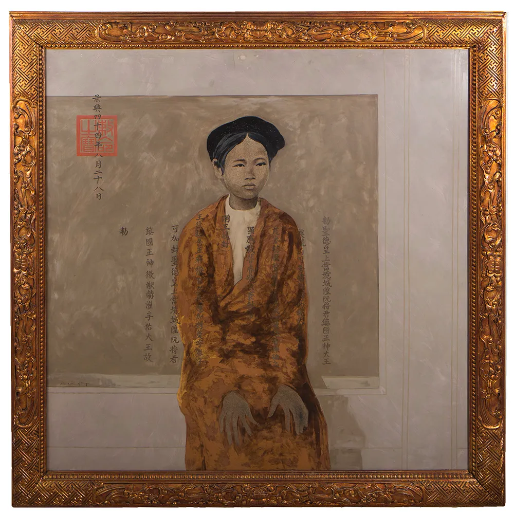 Bùi Hữu Hùng, MANDARIN IN GOLDEN ROBE, 1995. Sơn mài on wood panel with gold leaf and crushed eggshell.