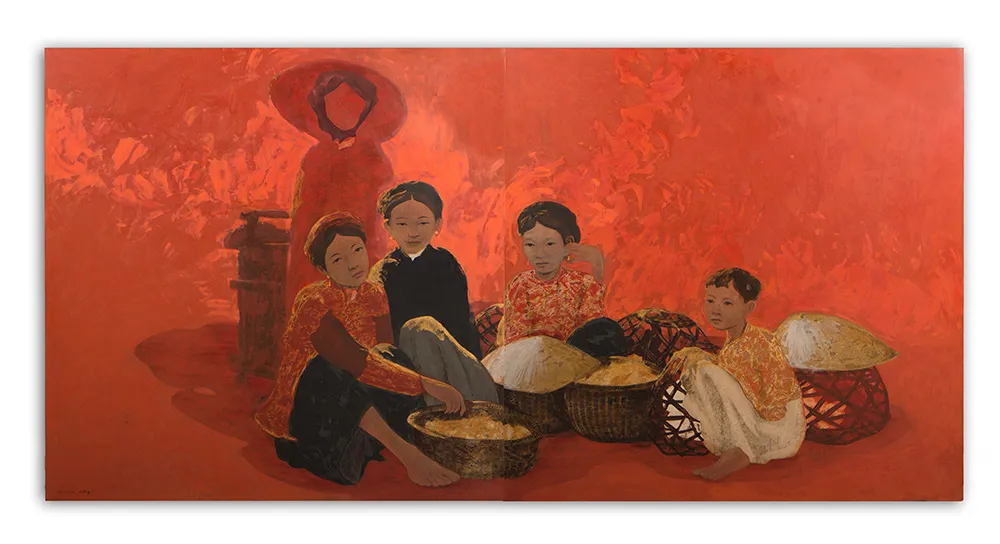 Bùi Hữu Hùng, FAMILY ON CINNABAR, 1995. Sơn mài on wood panel with gold leaf and crushed eggshell.
